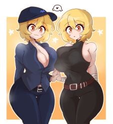 2girls big_ass blonde_hair bodysuit cleavage dankestsin don_quixote_(limbus_company) female_only hat heart huge_breasts limbus_company multiple_girls project_moon scar steam