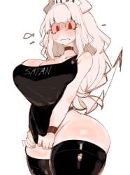 angry apron blush breasts choker cute demon demon_girl demon_horns demon_tail embarrassed female helltaker large_breasts looking_at_viewer lucifer_(helltaker) red_eyes sweatdrop tagme thick_thighs thighhighs usa37107692 white_background white_hair wide_hips