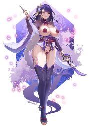 1girls big_breasts female female_only genshin_impact hair_ornament japanese_clothes large_breasts long_hair looking_at_viewer mole mole_under_eye panties pasties purple_eyes purple_hair raiden_shogun solo solo_female thick thick_thighs thighhighs thighs tinnies voluptuous weapon