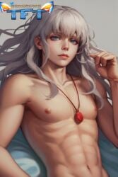 1boy abs ai_generated androgynous berserk bishonen blue_eyes griffith human lean_muscle male male_nipples male_only muscles muscular_male necklace no_visible_genitalia pecs smooth_skinned_male solo topless touchfluffytails twink white_hair