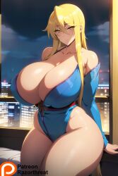 ai_generated bedroom big_breasts blonde_hair city_background cleavage cleavage_overflow highschool_of_the_dead huge_breasts kimono large_breasts night on_bed patreon razorthreat seductive shizuka_marikawa stable_diffusion voluptuous voluptuous_female window yellow_eyes