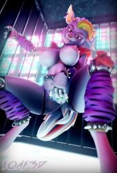 2022 3d 3d_(artwork) 3d_artwork 3d_model absurd_res animatronic anthro belt big_breasts breasts cage caged canid canine canis claws digital_media_(artwork) ear_piercing female five_nights_at_freddy's five_nights_at_freddy's:_security_breach fnaf genitals hair hi_res loaf3d looking_at_viewer machine mammal mayosplash nipples nude piercing pussy robot roxanne_wolf_(fnaf) roxanne_wolf_(mayosplash) scottgames solo steel_wool_studios stripper tongue tongue_out wolf