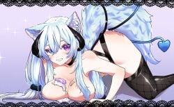 1girls animal_ears big_breasts blue_eye blue_hair breasts cake cat_ears cat_tail catgirl female female_only food food_on_breasts horns indie_virtual_youtuber light-skinned_female light_skin looking_at_viewer meew_v multiple_tails nenya_(nenyakute) purple_eye smile solo succubus succubus_horns succubus_tail virtual_youtuber