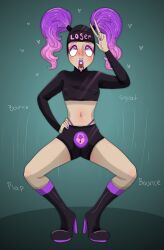 2023 ambiguous_gender brainwashed color commission crop_top digital_media_(artwork) humiliation hypnosis latex lila_lovestar_(sinfulwalpurrgis) mortimer_todd null_bulge original peace_sign purple_eyes purple_hair sissy spiral_eyes squatting thong tongue_out twintails