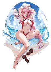 1girls animal_ears arms_up big_breasts earrings female female_only genshin_impact large_breasts legs long_hair looking_at_viewer navel_piercing one-piece_swimsuit pink_hair purple_eyes solo solo_female swimsuit thick thick_thighs thighs tinnies voluptuous yae_miko