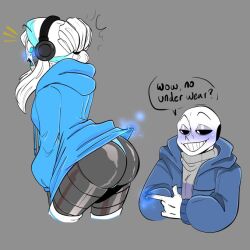 2d 2d_(artwork) 2d_artwork blush blushing color dialogue duo english english_dialogue english_text genderswap_(mtf) ghostskeleto grey_background hetero napstaton no_panties no_pants robot rule_63 sans simple_background skeleton straight surprised tagme text undertale undertale_(series)