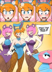 3girls big_breasts bimbo bimbofication bunny_ears comic female_only fishnets hair_over_eyes hypnotic_eyes kasumi_(pokemon) kobi-tfs nintendo pink_hair playboy_bunny pokemon porygon rattata red_hair text tomboy transformation