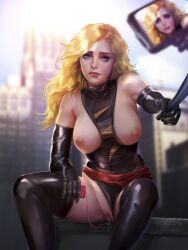 areolae bitting_lip blonde_hair blue_eyes breasts carol_danvers dripping_pussy dripping_wet firolian horny looking_at_viewer marvel marvel_comics ms._marvel ms._marvel_(carol_danvers) nipples pussy shaved_pussy vagina vibrator vibrator_in_pussy wet_pussy