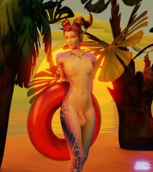 beach blender blender_(software) blender_cycles commission commission_art dracthyr dracthyr_(visage) femboy flat_chest kustrasza(wow) lord_maldazzar small_penis solo solo_femboy summer sunset warcraft world_of_warcraft wow