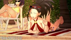 2girls beach big_breasts bikini biyo black_hair female female_only jirou_kyouka koikatsu kyoka_jiro momo_yaoyorozu multiple_girls my_hero_academia pixiv sunglasses swimsuit tinted_eyewear yaoyorozu_momo