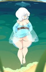 ass ass_focus background big_breasts blue_eyes byternomar fairy fairy_wings female female_only large_breasts oc original original_character png sapphire_(byternomar) short_hair shy soles tooth_fairy water white_hair