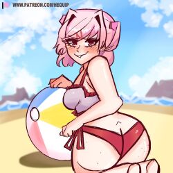 1female 1girls ass ball bare_shoulders beach beach_ball bikini blue_sky blush blush_lines blushing breasts butt butt_crack cloud clouds commission doki_doki_literature_club female female_focus female_only girl girl_only hair_intakes hequip1 human human_focus human_only natsuki_(doki_doki_literature_club) patreon_url patreon_username pink_eyes pink_hair red_bikini sand shadow sky solo solo_female solo_focus swimsuit url water