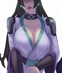 1girls belt black_belt black_hair breasts cleavage earrings grey_robe head_tilt highres jewelry large_breasts ling_ying_wei long_hair open_mouth riot_games robe sage_(valorant) shaded_face solo valorant vile_jp white_background