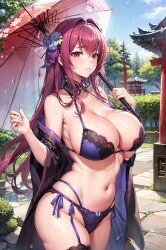 1girls ai_generated bikini blush breasts cleavage embarrassed fate/grand_order fate_(series) female huge_breasts light-skinned_female light_skin long_hair outdoors purple_hair red_eyes scathach_skadi stable_diffusion stockings