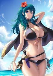 1girls 2023 alternate_costume beach bikini black_bikini black_swimsuit blue_eyes blue_hair bracelet byleth_(female)_(summer)_(fire_emblem) byleth_(fire_emblem) byleth_(fire_emblem)_(female) cape choker cleavage dagger detailed_background female female_only fire_emblem fire_emblem:_three_houses fire_emblem_heroes flower hair_flower highres huge_breasts knife light-skinned_female light_skin looking_at_viewer medium_hair nintendo ocean official_alternate_costume outdoors sand sideboob solo suigetu26 swimsuit tassel teal_hair