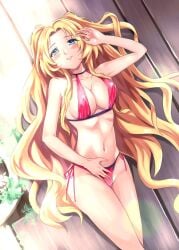 absurdres alfin_reise_arnor blonde_hair blue_eyes blush breasts eiyuu_densetsu embarrassed falcom female highres large_breasts long_hair long_sleeves looking_at_viewer lying mussyu_danachan princess sen_no_kiseki smile solo swimsuit very_long_hair