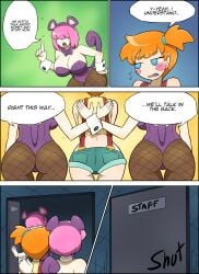 3girls bimbo bimbofication closet comic female_only fishnets kasumi_(pokemon) kobi-tfs large_ass nintendo pink_hair playboy pokemon red_hair text tomboy transformation wide_hips