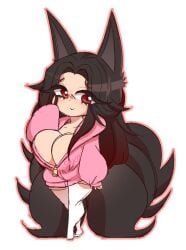 areolae black_hair byternomar chibi cute female fen_zhaowu fox fox_ears fox_girl fox_tail hoodie horny kitsune large_breasts naked nipple_slip not_ai_generated original original_character smiling solo wardrobe_malfunction