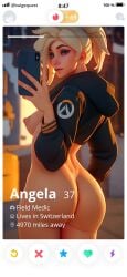 ai_generated ass big_ass blonde_hair blue_eyes bulge_quest huge_ass jacket mercy nipples overwatch phone selfie stable_diffusion thighs tinder_(app)