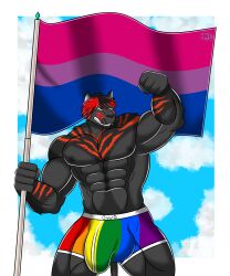 absurd_res anthro bisexual bisexual_pride_colors bulge clothing felid final_fantasy final_fantasy_xiv flag genital_outline hi_res hrothgar lgbt_pride lgbt_pride_colors male male_only mammal mike_dramon_(artist) muscular muscular_male nipples pecs penis_outline rainbow_flag six-stripe_rainbow_pride_colors solo square_enix underwear