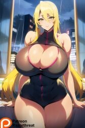 ai_generated bedroom big_breasts blonde_hair city_background cleavage cleavage_overflow highschool_of_the_dead huge_breasts large_breasts night on_bed patreon razorthreat seductive shizuka_marikawa stable_diffusion tight_clothing voluptuous voluptuous_female window yellow_eyes