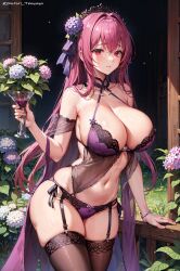 1girls ai_generated bikini blush breasts cleavage embarrassed fate/grand_order fate_(series) female huge_breasts light-skinned_female light_skin long_hair outdoors purple_hair red_eyes scathach_skadi stable_diffusion stockings