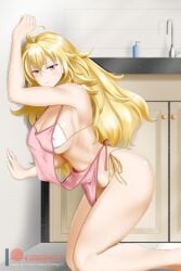 1girls against_wall ahoge apron bare_shoulders big_breasts bikini blonde_hair blush breasts busty cleavage closed_mouth clothing come_hither erect_nipples erect_nipples_under_clothes eyebrows_visible_through_hair female female_only hair_between_eyes high_resolution in_profile indoors kimmy77 kitchen kneeling large_breasts long_hair looking_at_viewer nearly_naked_apron nipples pink_apron purple_eyes rwby shiny shiny_hair shiny_skin side-tie_bikini smile solo sweat swimsuit underboob wavy_hair white_bikini white_swimsuit yang_xiao_long