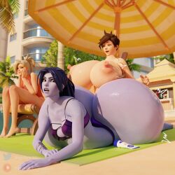 3d 3d_(artwork) 3girls ass_expansion beach bikini blizzard_entertainment bottom_heavy breast_expansion brown_hair fat_ass female_only haptick huge_ass huge_breasts hyper hyper_ass lotion massive_ass massive_breasts mercy overwatch public purple_hair sombra symmetra tracer widowmaker