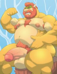 1boy 1male animal_humanoid anthro balls bara barazoku beard big_balls big_penis boner bowser erection facial_hair flexing gay hairy hairy_armpits hairy_chest hairy_male hairy_penis horns humanoid koopa male male_only mario_(series) muscles muscular nintendo nude penis red_hair scalie sitting solo solo_male tylerstark yellow_body