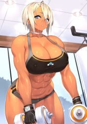 1girls 2019 abs blonde_female blonde_hair blue_eyes choker cross dark-skinned_female dark_skin dumbbell exercise female gloves gym looking_at_viewer looking_down looking_down_at_viewer muscular_female original sela_(sela_god) sela_god sports_bra sports_shorts sweat sweatdrop sweating training weights white_collar