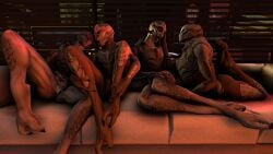 16:9 2_toes 3d alien barefoot digital_media_(artwork) feet female female_only foot_ninja15 furniture group hi_res inside mass_effect nude sofa soles source_filmmaker toes turian widescreen yuri