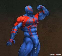 1boy abs bara biceps bulge bulge_through_clothing crusader1080 cum cum_drip cum_on_clothes flaccid gay hi_res highres hispanic hispanic_male male male_focus male_only marvel miguel_o'hara muscular muscular_male penis_outline solo solo_male spider-man spider-man:_across_the_spider-verse spider-man_(series) spider-man_2099 tight_clothing