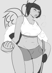 1girls big_breasts breasts female female_only greyscale mei_(overwatch) overwatch sweat thick_thighs tired treedos watermark