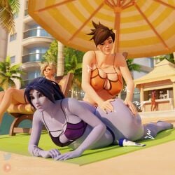 3d 3d_(artwork) 3girls applying_sunscreen ass_expansion beach bikini blizzard_entertainment bottom_heavy breast_expansion brown_hair fat_ass female_only groping_ass haptick huge_ass huge_breasts lotion massage massaging mercy overwatch public purple_hair sombra symmetra tracer widowmaker