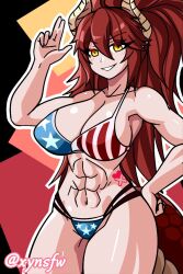 1girls abs american_flag american_flag_bikini artist_name big_breasts bikini bikini_top cleavage dragon_girl dragon_horns dragon_tail female female_focus female_only fit_female full_color high_ponytail large_breasts looking_at_viewer muscular muscular_female ponytail pose posing red_hair red_scales smile smiling smiling_at_viewer sole_female solo solo_focus straight_hair tail virtual_youtuber vshojo vtuber xynsfw yellow_eyes zentreya