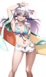 1girls :o alternate_costume armpits artist_name bikini blue_bikini blue_swimsuit blush breasts burnt_green_tea collarbone commentary english_commentary female female female_only fire_emblem fire_emblem:_three_houses floating_hair hair_between_eyes hair_ribbon highres holding holding_surfboard jewelry long_hair looking_at_viewer lysithea_von_ordelia navel necklace nintendo pink_eyes pink_ribbon ribbon short_shorts shorts simple_background small_breasts solo stomach surfboard swimsuit v wet white_background white_hair white_shorts