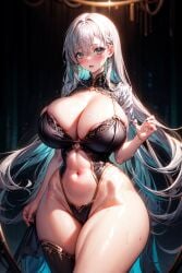 ai_generated blush breasts_bigger_than_head breasts_bigger_than_torso cleavage curvy dark_room detailed_background embarrassed gigantic_breasts green_eyes huge_breasts lace long_hair looking_at_viewer narrow_waist open_mouth original original_character shiny_hair stable_diffusion sweat thick_thighs tight_clothing undercolor_(hair) white_hair wide_hips