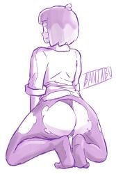 ass banjabu big_ass hilda_(series) kaisa_(hilda) looking_at_viewer looking_back monochrome panties pantyhose ripped_clothing ripped_pantyhose ripped_stockings shirt short_hair sketch underwear white_background