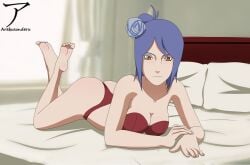 1girls arekusanderu ass bare_legs bare_shoulders barefoot big_ass big_breasts blue_hair bra clavicle crossed_legs feet feet_up female female_only flower flower_in_hair hair_ornament konan long_hair looking_at_viewer lying lying_on_bed lying_on_stomach makeup mascara naruto naruto_(series) naruto_shippuden on_bed on_stomach orange_eyes panties smile smiling smiling_at_viewer soles solo solo_focus strapless strapless_bra toes underwear