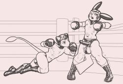 2023 anthro ballboxing balls balls_outline boxing boxing_gloves bulge clothed clothing cock_sheath dcheese detailed_bulge digital_media_(artwork) duo erection erection_under_clothing fight fighting_ring generation_1_pokemon genital_outline genitals handwear hi_res leather leather_clothing leather_headgear legendary_pokemon levitation male male/male mew_(pokemon) monochrome nintendo open_mouth penis_clothing penis_outline pikachu pokemon pokemon_(species) sport thong tremble_spikes underwear