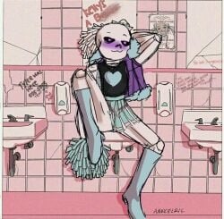 2d 2d_(artwork) 2d_artwork ambiguous_gender background bathroom cheerleader cheerleader_outfit cheerleader_uniform color dirty_bathroom english_text imminent_sex implied_prostitution lifting_leg non-human sans sans_au sitting_on_sink sketch solo text underlust underlust_sans undertale undertale_(series) undertale_au whore