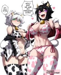 2girls big_breasts bikini black_hair blush cow_bikini cow_girl cow_print heart melissa_(rageman709) multiple_girls original original_character rageman709 short_hair white_hair