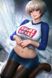 big_breasts crop_top eyeshadow fully_clothed hotpants kneeling neoartcore nudtawut_thongmai oppai smile uzaki-chan_wa_asobitai! uzaki_hana white_hair