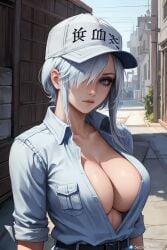 ai_generated baseball_cap big_tits blue_eyes blue_hair busty cleavage cleavage_cutout hataraku_saibou looking_at_viewer original_character secret_room12 short_hair stable_diffusion tomboy uniform white_blood_cell_(hataraku_saibou)