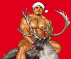 2022 abs artist_logo biceps brown_fur christmas goatee hairy hairy_arms hairy_chest hairy_legs headwear japanese_text jiraiya_(artist) looking_at_viewer musclegut muscular_thighs nipples nude pecs quads red_background red_hat red_headwear reindeet santa_hat sitting sitting_on_animal triceps