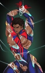 1boy abs balls bara biceps big_penis bondage bulge eye_contact flaccid flaccid_penis gay hi_res highres hispanic hispanic_male male male_focus male_only male_pubic_hair marvel miguel_o'hara muscular muscular_male no_male_underwear penis ripped_clothing solo solo_male spider-man spider-man:_across_the_spider-verse spider-man_(series) spider-man_2099 tight_clothing vein veiny_penis