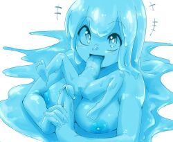 barefoot blue_eyes breasts feet female highres large_breasts marbleslime monster_girl nipples open_mouth original own_hands_clasped own_hands_together penis pussy simple_background slime_girl soles solo spread_legs toes tongue tongue_out white_background