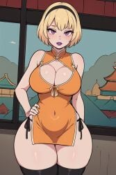 1girls ai_generated black_hairband black_legwear black_panties blonde_hair breasts cheongsam china_dress chinese_clothes cleavage curvy dress female female_only gardener_ai hairband hand_on_hip homestuck hourglass_figure large_breasts legwear lipstick makeup orange_dress panties purple_eyes purple_lips purple_lipstick qipao revealing_clothes rose rose_lalonde short_hair side-tie_panties skimpy slit slit_dress solo stable_diffusion thick_thighs thin_waist wide_hips