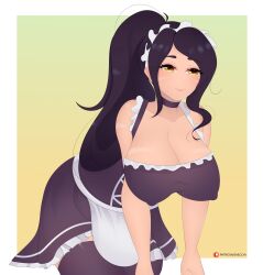 1girl 1girls 2d 2d_(artwork) bending_forward bending_over black_hair cleavage cleavage_cutout cleavage_window french_maid french_maid_nidalee large_breasts league_of_legends nidalee orange_eyes orange_eyes_female ponytail riot_games saecchi skimpy skimpy_clothes smile solo solo_female the_grind_series