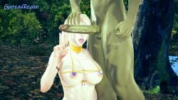 3d 3d_(artwork) blonde_hair breasts female forest gateaurealm hand_on_head honey_select honey_select_2 human_female light-skinned_female light_skin male orc orc_male penis ponytail sarah_bryant tamed tongue_out v virtua_fighter